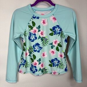 Miken Girls Tropical Flowers Rashguard Top Size XL 18-20 Blue Pink Long Sleeve